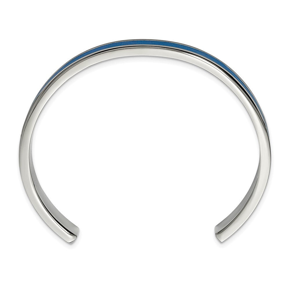 Stainless Steel Polished Blue Leather Inlay 8mm Cuff Bangle