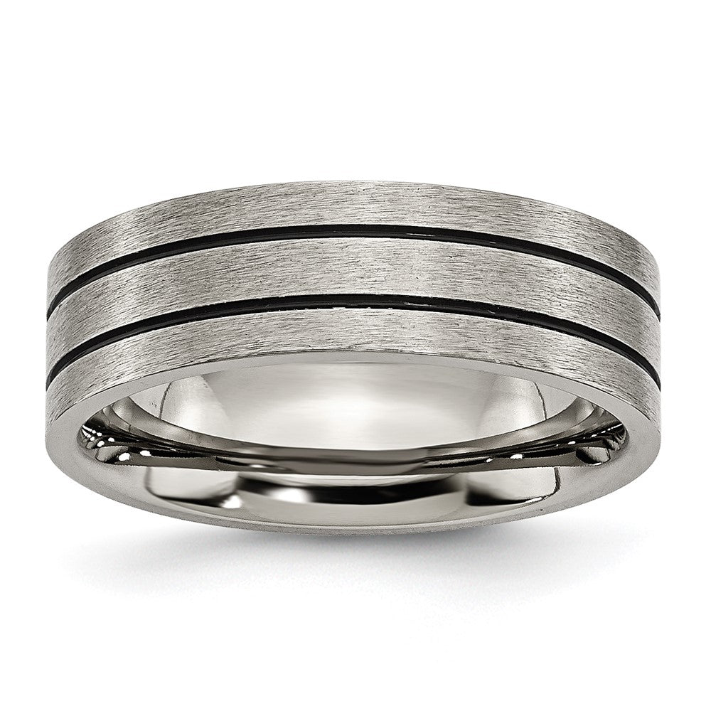 Titanium Brushed Black Enamel Grooved 7mm Flat Band Size - 8.5