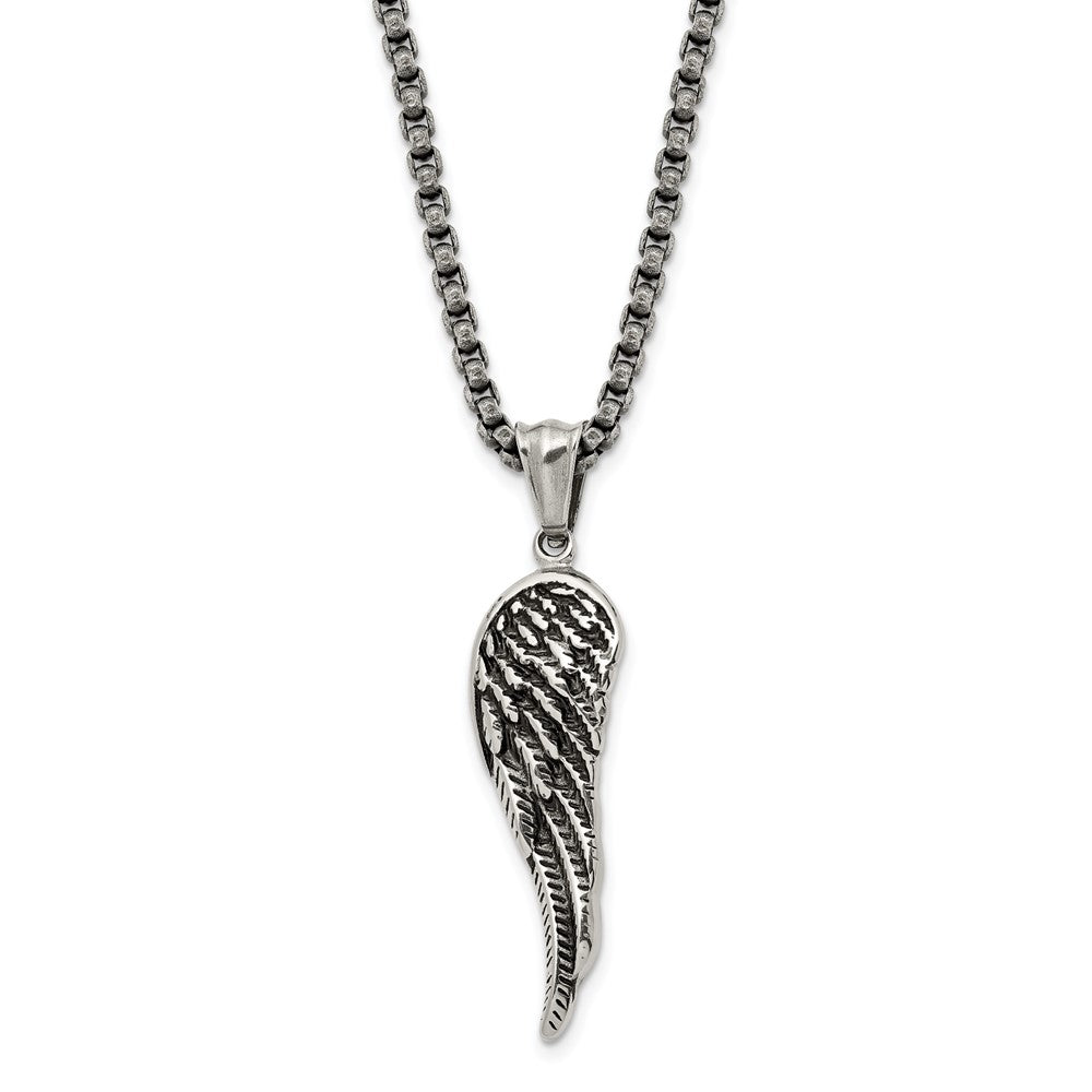 Stainless Steel Antiqued and Polished Angel Wing 23.5in Necklace