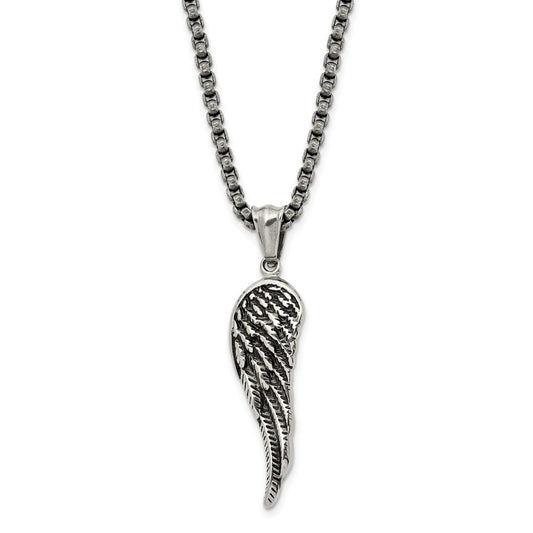 Stainless Steel Antiqued and Polished Angel Wing 23.5in Necklace