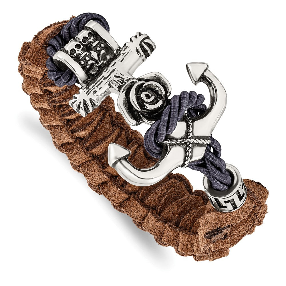 Stainless Steel Polished Antiqued Brown Leather Anchor Toggle Bracelet 8.5 inches