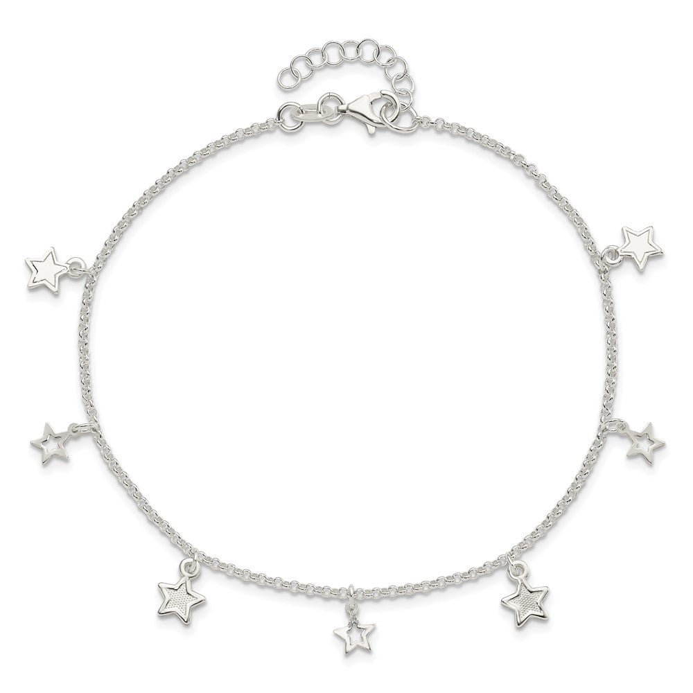 Sterling Silver Polished and Textured Star 9in Plus 1in Ext. Anklet 9 inches