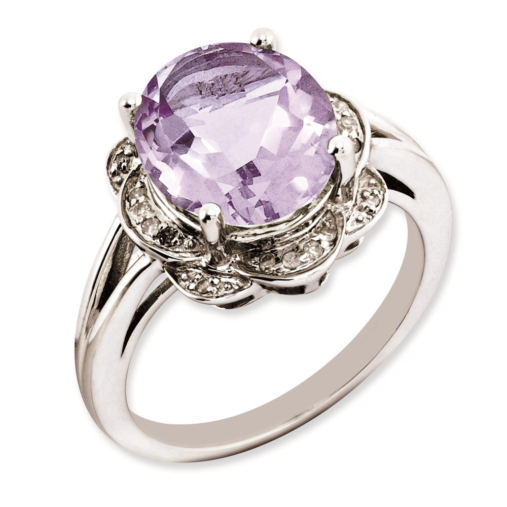 Sterling Silver Rhodium-plated Oval Pink Quartz & Diamond Ring