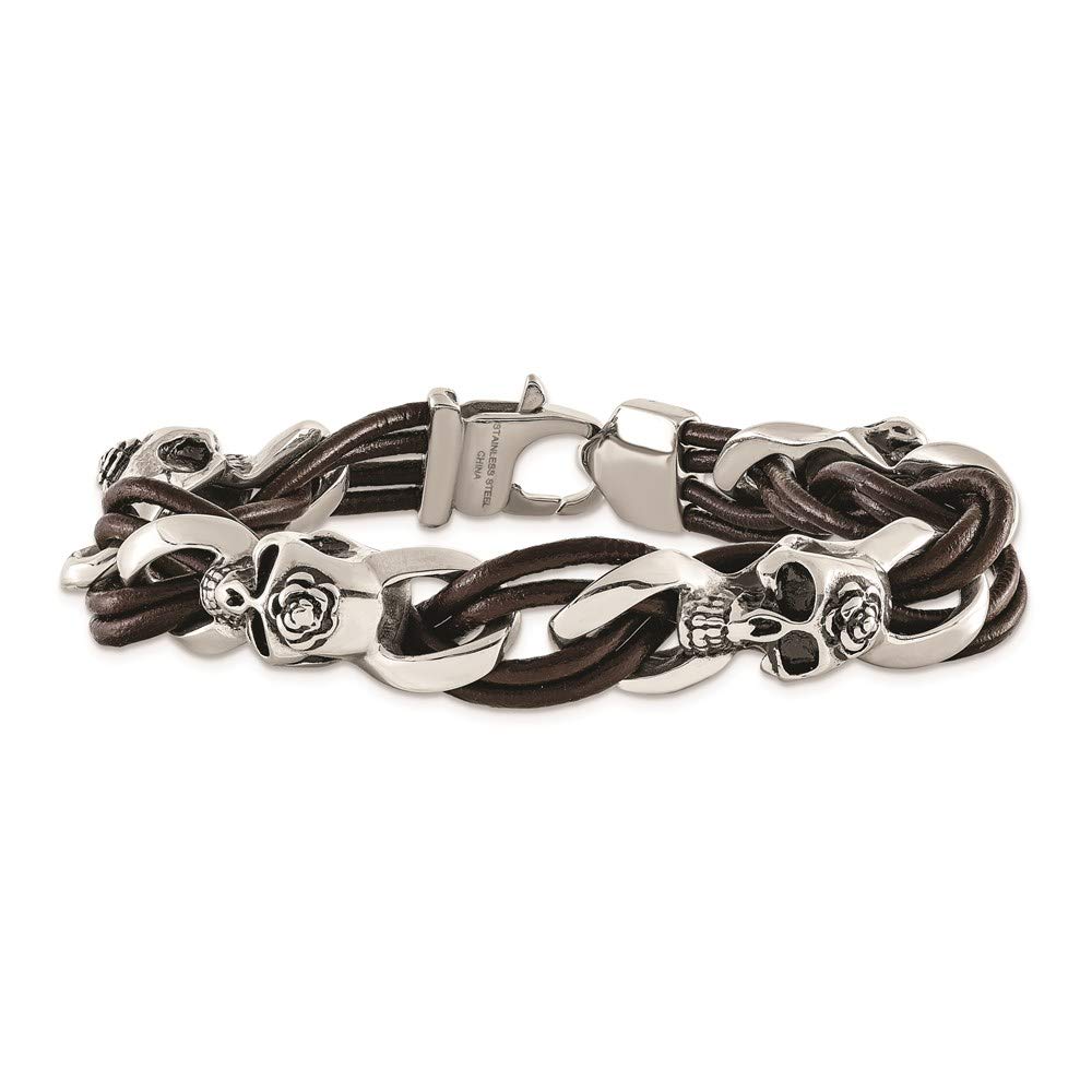 Stainless Steel Antiqued & Polished Skulls/Roses Brown Leather Bracelet 8 inches
