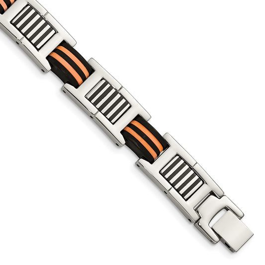Stainless Steel 8.5in Polished with Rubber Black and Orange Bracelet 8.5 inches