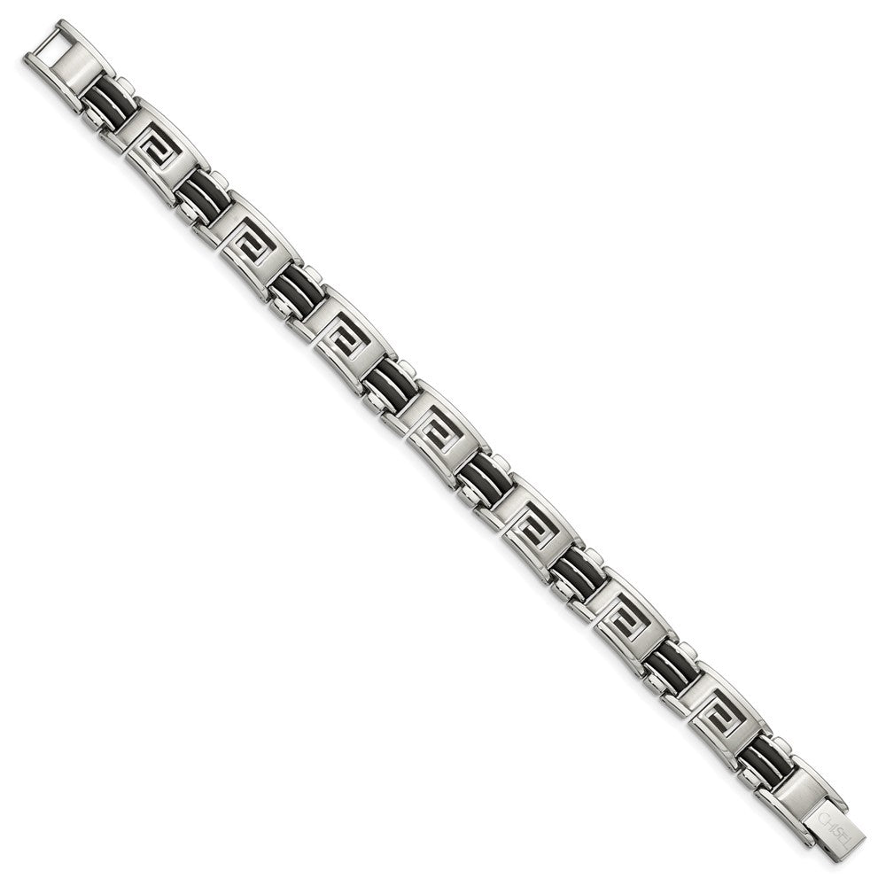 Stainless Steel 8.5in Brushed & Polished Black Rubber Greek Key Bracelet 8.5 inches