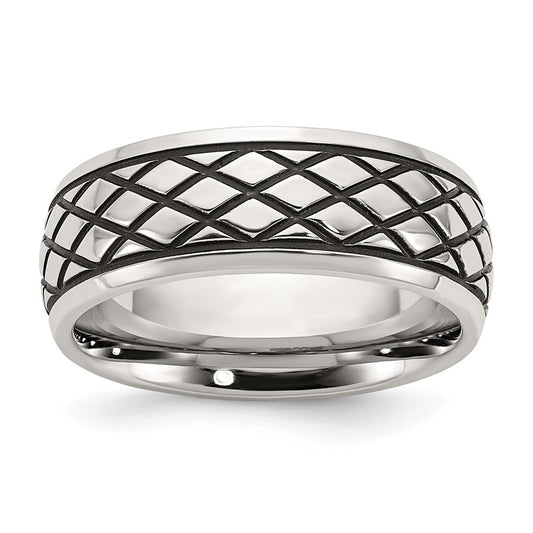 Stainless Steel Polished and Antiqued Checkered Pattern 8mm Band Size - 11
