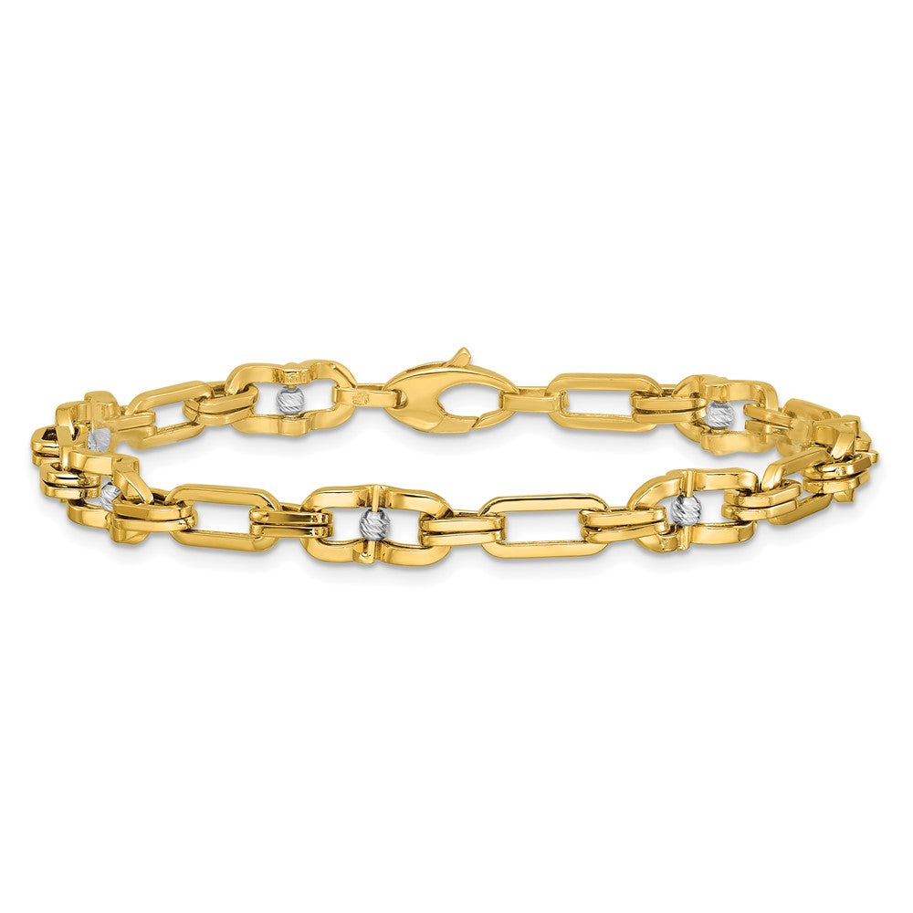 14K w/Wht RH Polished D/C Moveable Beaded Link Bracelet 7.5  inches