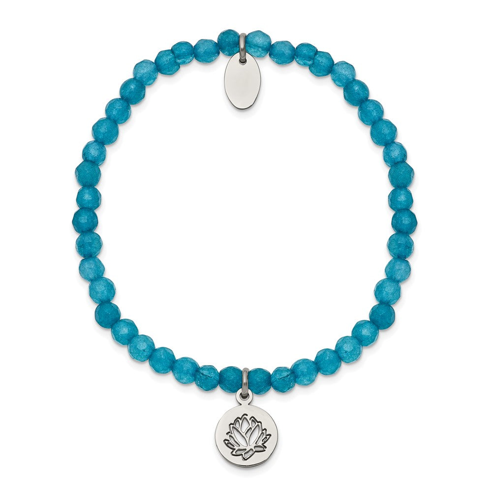 Stainless Steel Polished Lotus Blue Jade Beaded Stretch Bracelet 6.5 inches
