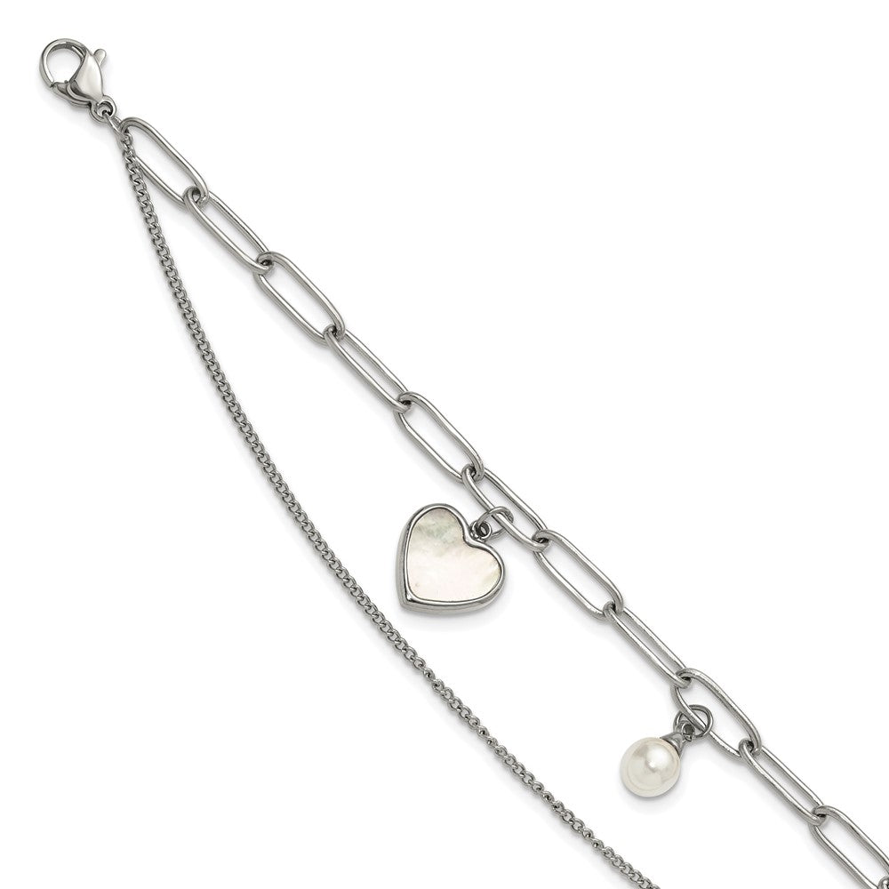 Chisel Stainless Steel Polished Mother of Pearl Heart and Simulated Pearl 6.5 inch Plus a 2 inch Extension Bracelet 6.5 inches
