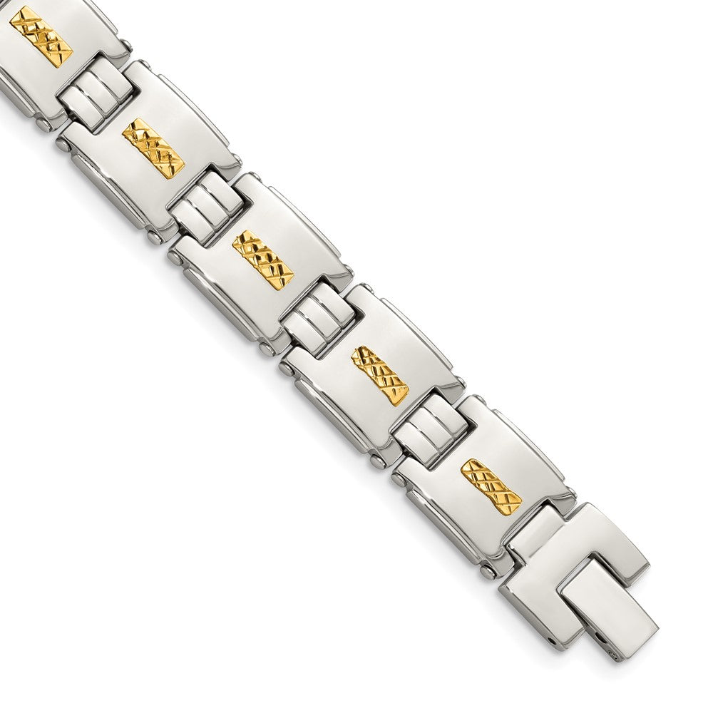 Stainless Steel with Diamond-cut 14k Inlay 8in Polished Link Bracelet 8 inches