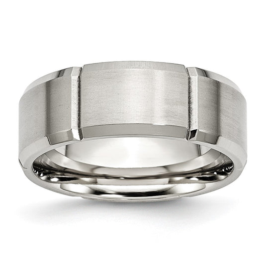 Stainless Steel Brushed/Polished Grooved 8mm Beveled Edge Band Size - 14