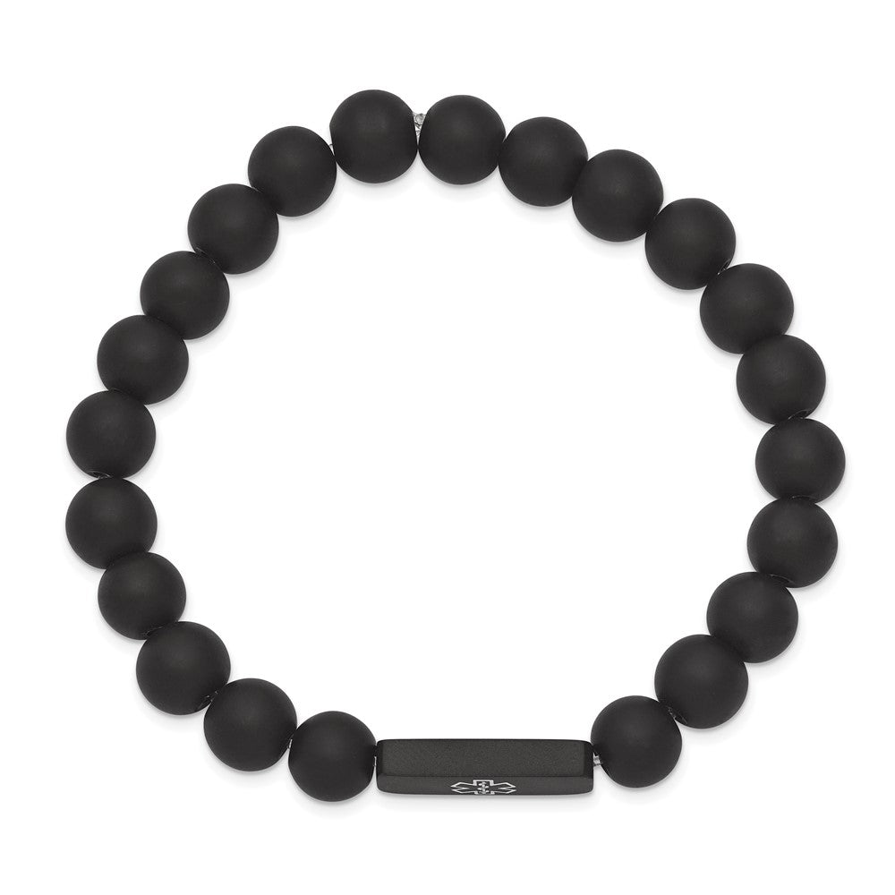 Stainless Steel Brushed Black IP Enamel Medical Blk Agate Stretch Bracelet