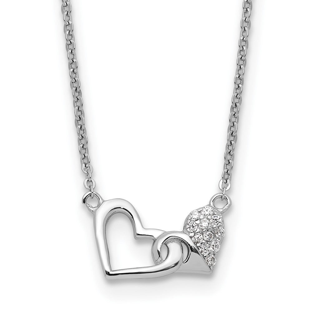 Sterling Silver Rhodium-plated CZ Double Heart 16IN Plus 2IN Ext Necklace 16 Inches