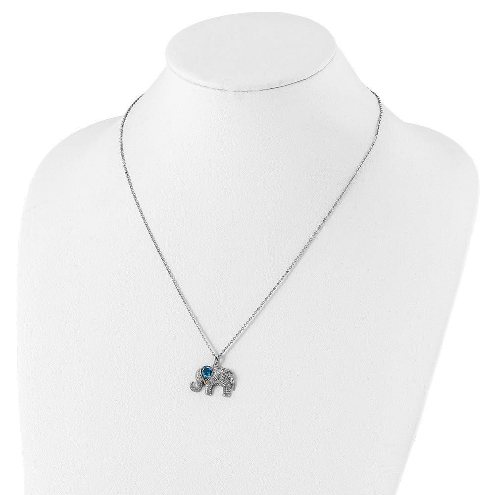 Brilliant Gemstones Sterling Silver with 14K Accent Rhodium-plated Blue Topaz and Diamond Elephant 18 Inch Necklace with 2 Inch Extender 17 Inches