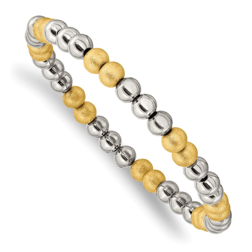 Stainless Steel Polished Yellow IP Sandblasted Beaded Stretch Bracelet 7.25 inches