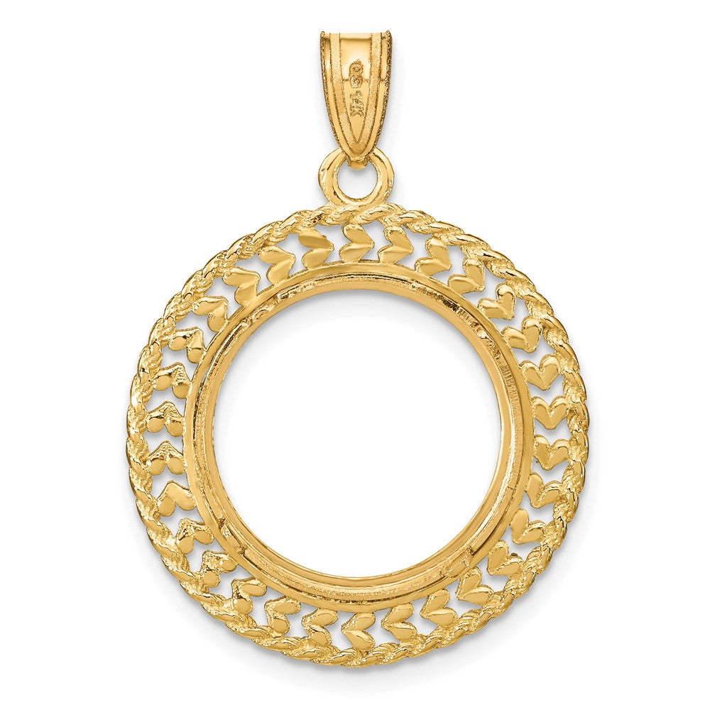 Wideband Distinguished Coin Jewelry 14k Polished and Diamond-cut Heart and Rope 16.5mm Prong Coin Bezel Pendant