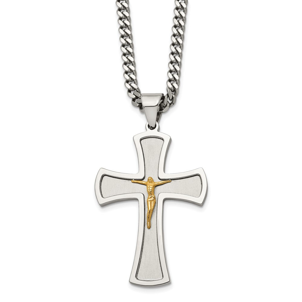 Stainless Steel Brushed & Polished Yellow IP-plated Crucifix Necklace