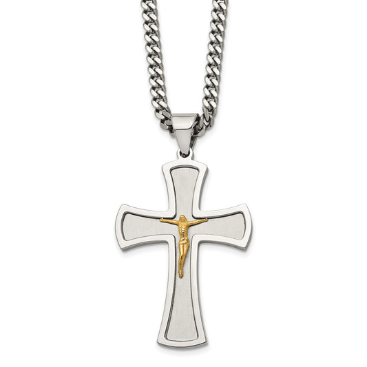 Stainless Steel Brushed & Polished Yellow IP-plated Crucifix Necklace