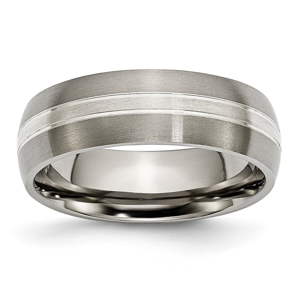 Titanium Brushed/Polished w/Sterling Silver Inlay 7mm Grooved Band Size - 8