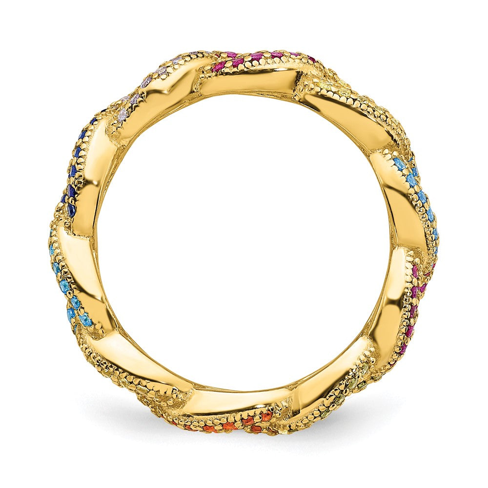 Prizma Sterling Silver Gold-tone 14K Flash Gold-plated Colorful CZ Cuban Link Ring