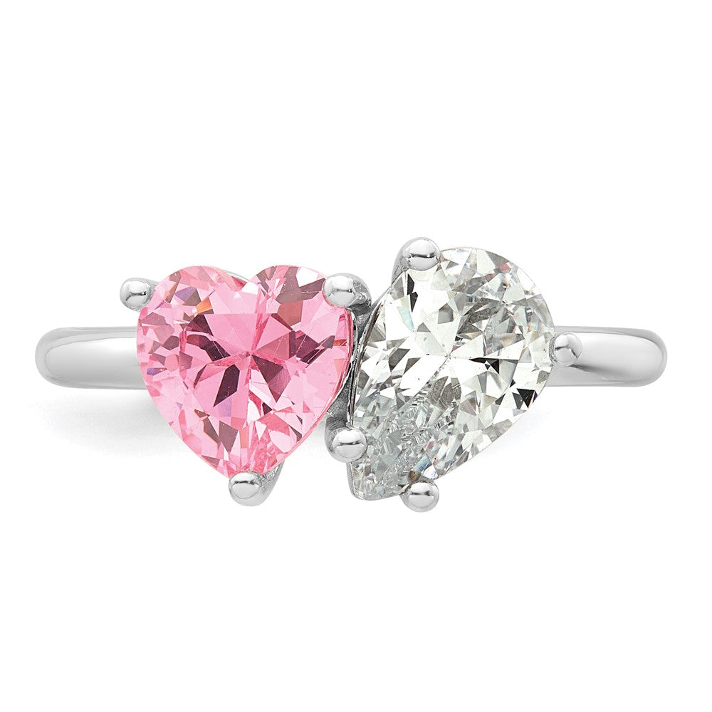 Sterling Silver Rhodium-plated Polished Heart Pink and Pear-shaped White CZ Size 7 Ring