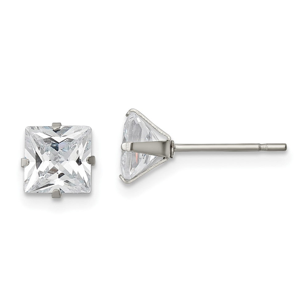 Stainless Steel Polished 6mm Square CZ Stud Post Earrings