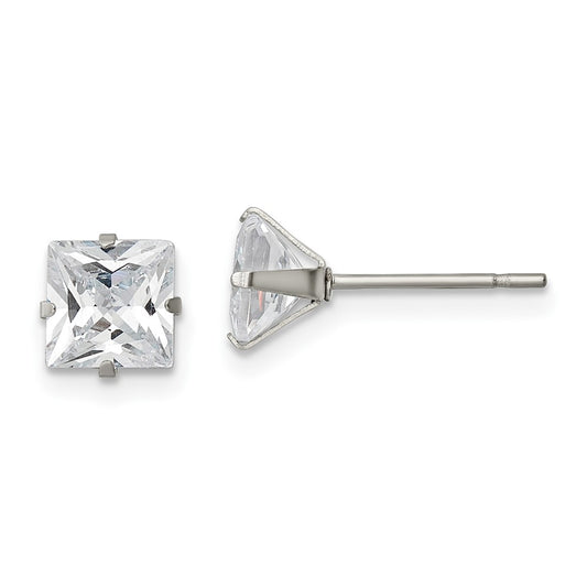 Stainless Steel Polished 6mm Square CZ Stud Post Earrings