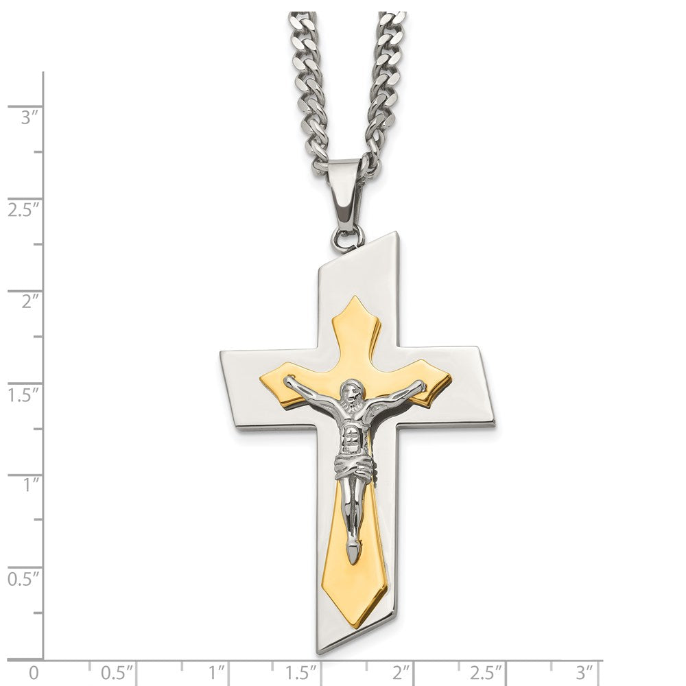 Stainless Steel Brushed & Polished Yellow IP Crucifix 24in Necklace