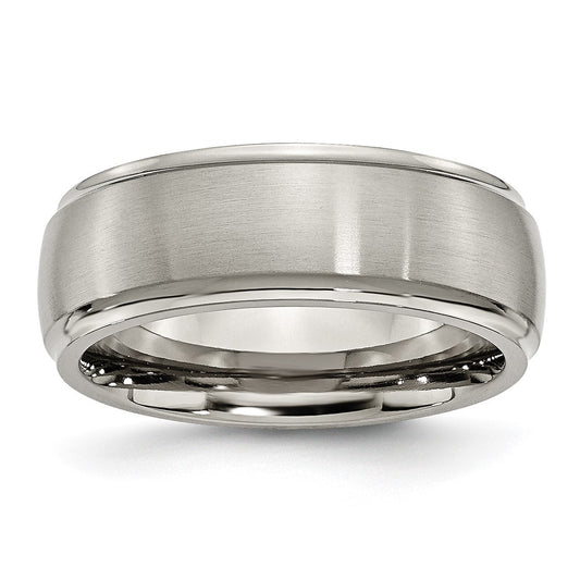 Titanium Brushed Center 8mm Ridged Edge Band Size - 8.5
