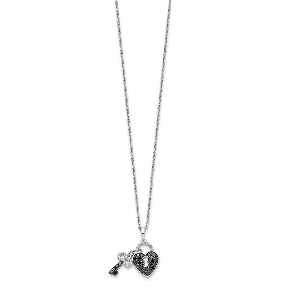 White Night Sterling Silver Rhodium-plated Black and White Diamond Heart and Key 18 Inch Necklace with 2 Inch Extender 18 Inches