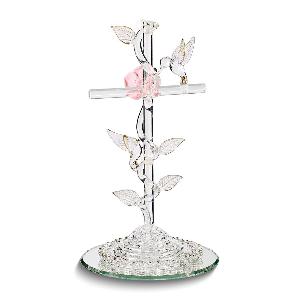 Glass Baron Cross with Pink Rose and Hummingbirds