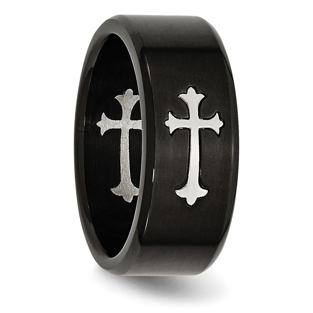 Stainless Steel Brushed Black IP-plated with Cross 9mm Band Size - 10