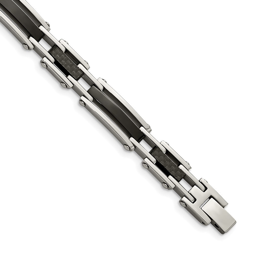 Stainless Steel Polished Blk IP-plated w/Solid Black Carbon Fiber Bracelet 8.25 inches