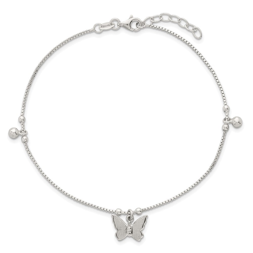 Sterling Silver Polished Textured and Beaded Butterfly 9 inch with 1 inch Extension Anklet