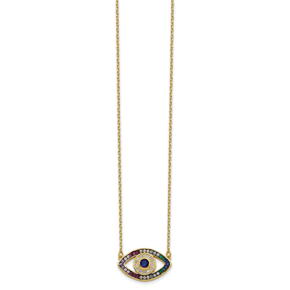 Prizma Sterling Silver Gold-tone 14K Flash Gold-plated 16 inch Colorful CZ Evil Eye Necklace with 2 inch Extender 16 Inches