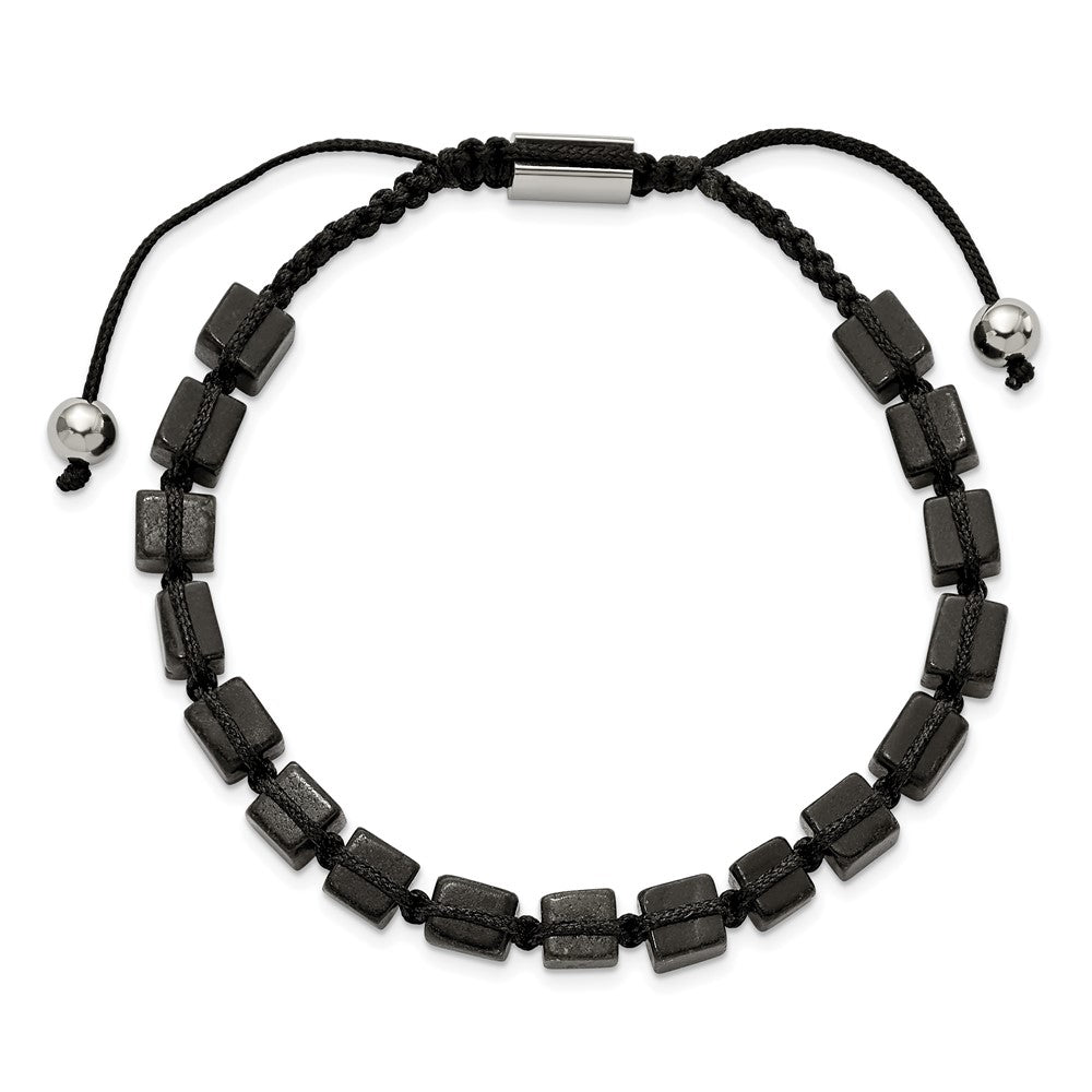 Stainless Steel Polished with Black Agate Macrame Adjustable Bracelet 9.5 inches