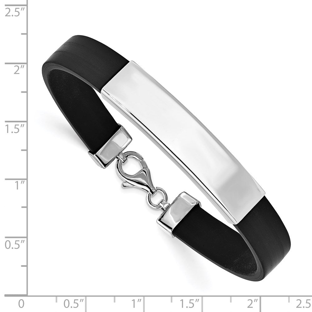 Sterling Silver Rhodium-plated ID Black Rubber Bracelet 8 inches