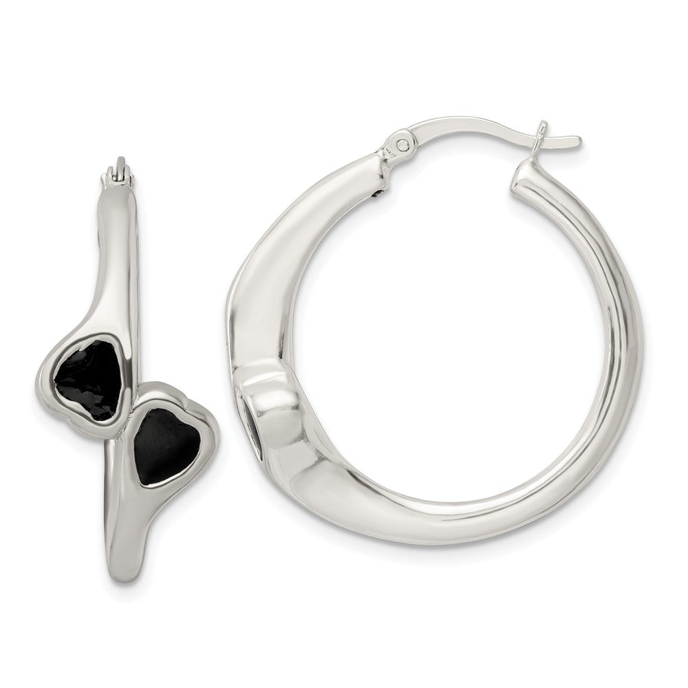 Sterling Silver Polished Black Enameled ByPass Circle Hoop Earrings