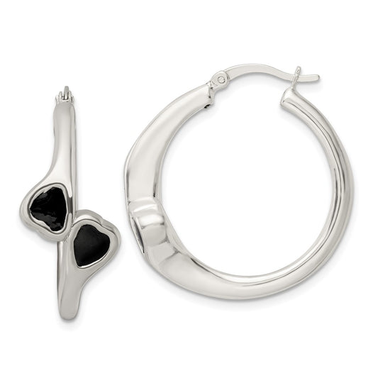 Sterling Silver Polished Black Enameled ByPass Circle Hoop Earrings