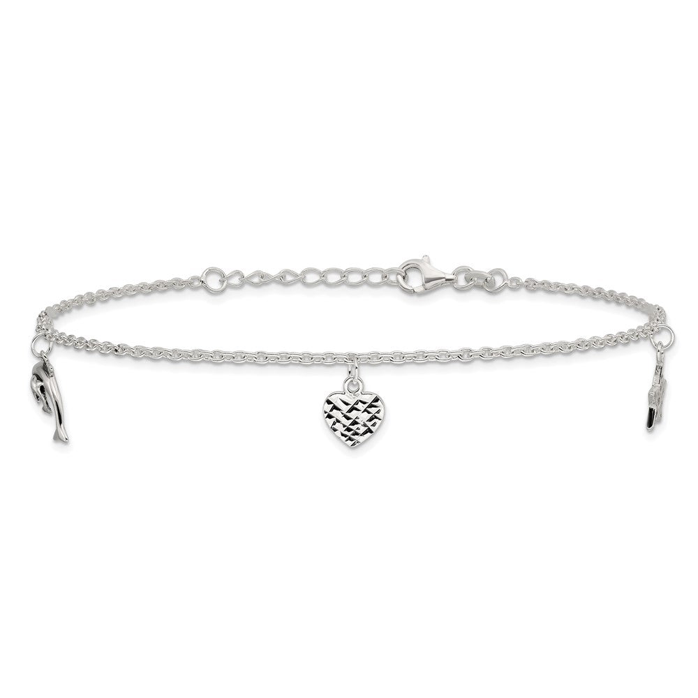 Sterling Silver Polished Heart, Star and Dolphin 9in Plus 1in Ext. Anklet 9 inches
