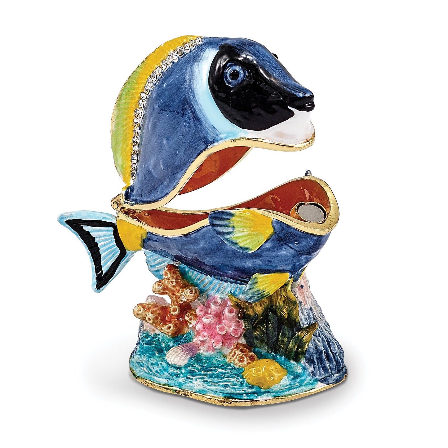 Luxury Giftware by Jere Pewter Bejeweled Crystals Gold-tone Enameled BLAKE Blue Tang Fish Trinket Box with Matching 18 Inch Necklace QBJ3058