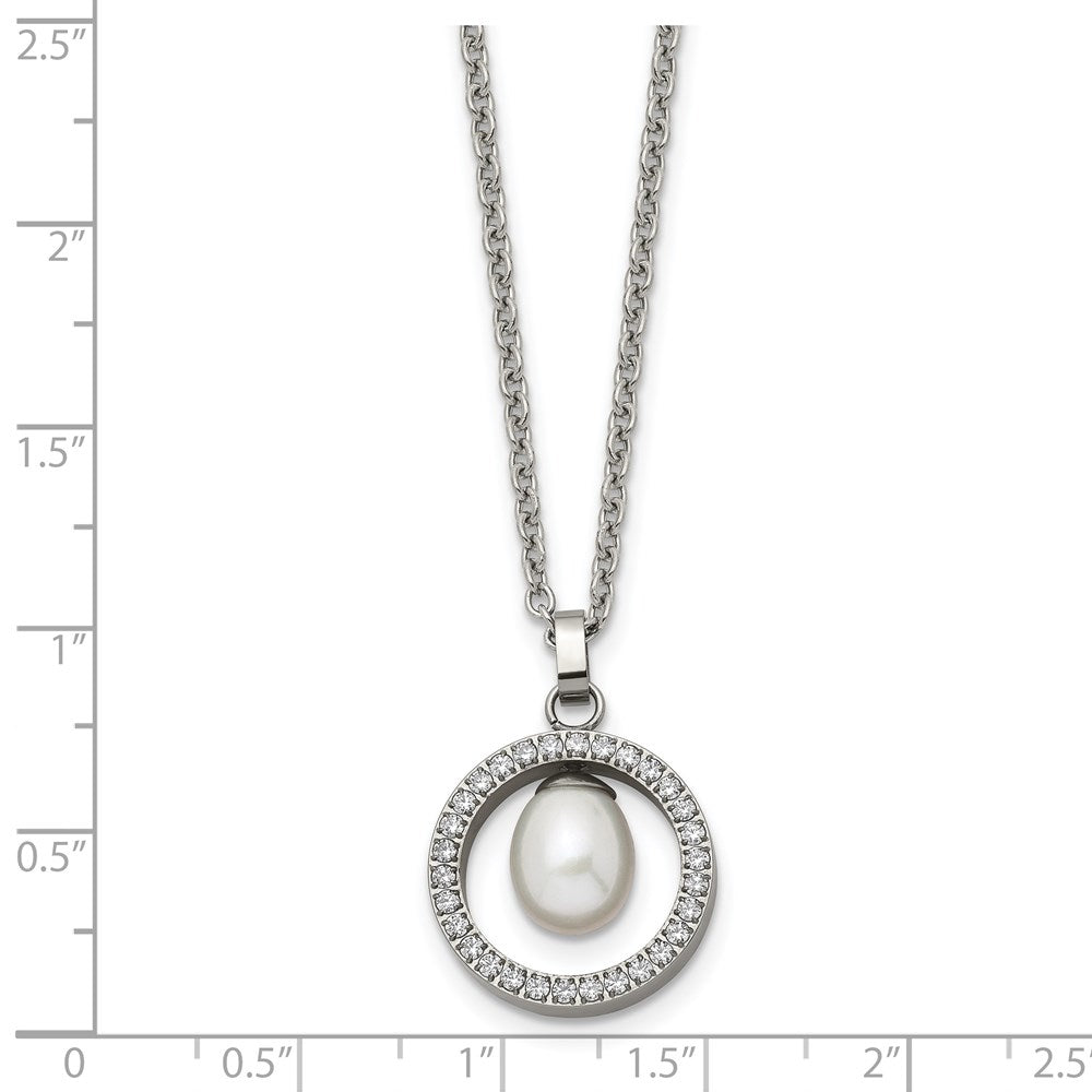 Titanium Polished w/CZ and Freshwater Cultured Pearl 22in Necklace