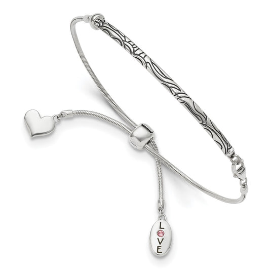 Sterling Silver Antiqued Reflections Crystal Love Heart Adjust Bracelet 9 inches