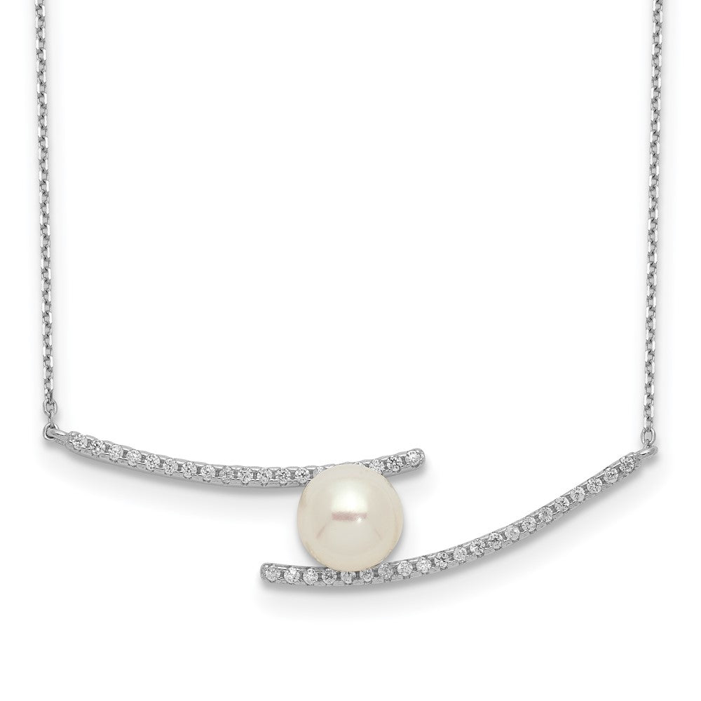 Sterling Silver Rhodium-plated 7-8mm White Button Freshwater Cultured Pearl and CZ 17 inch Necklace 17 Inches