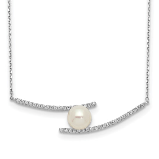 Sterling Silver Rhodium-plated 7-8mm White Button Freshwater Cultured Pearl and CZ 17 inch Necklace 17 Inches