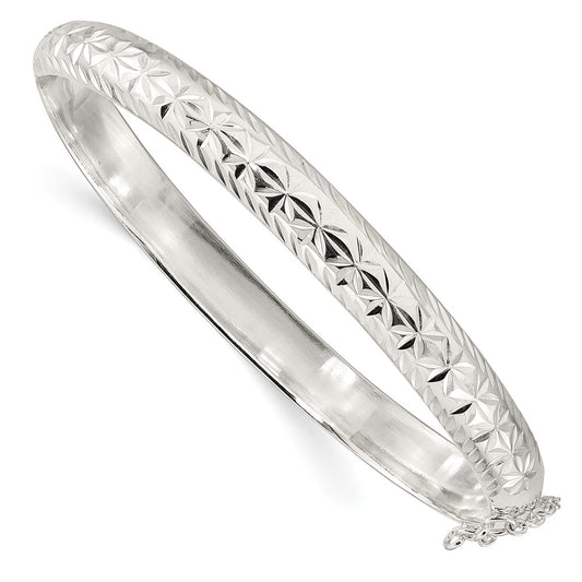 Sterling Silver Polished and D/C 7.25mm Hinged  Bangle 7.5 inches