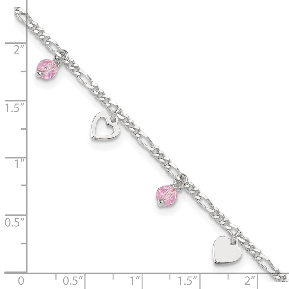 Sterling Silver Pink Glass Beads and Polished Hearts 9 inch Anklet with 1 inch extension 9 inches