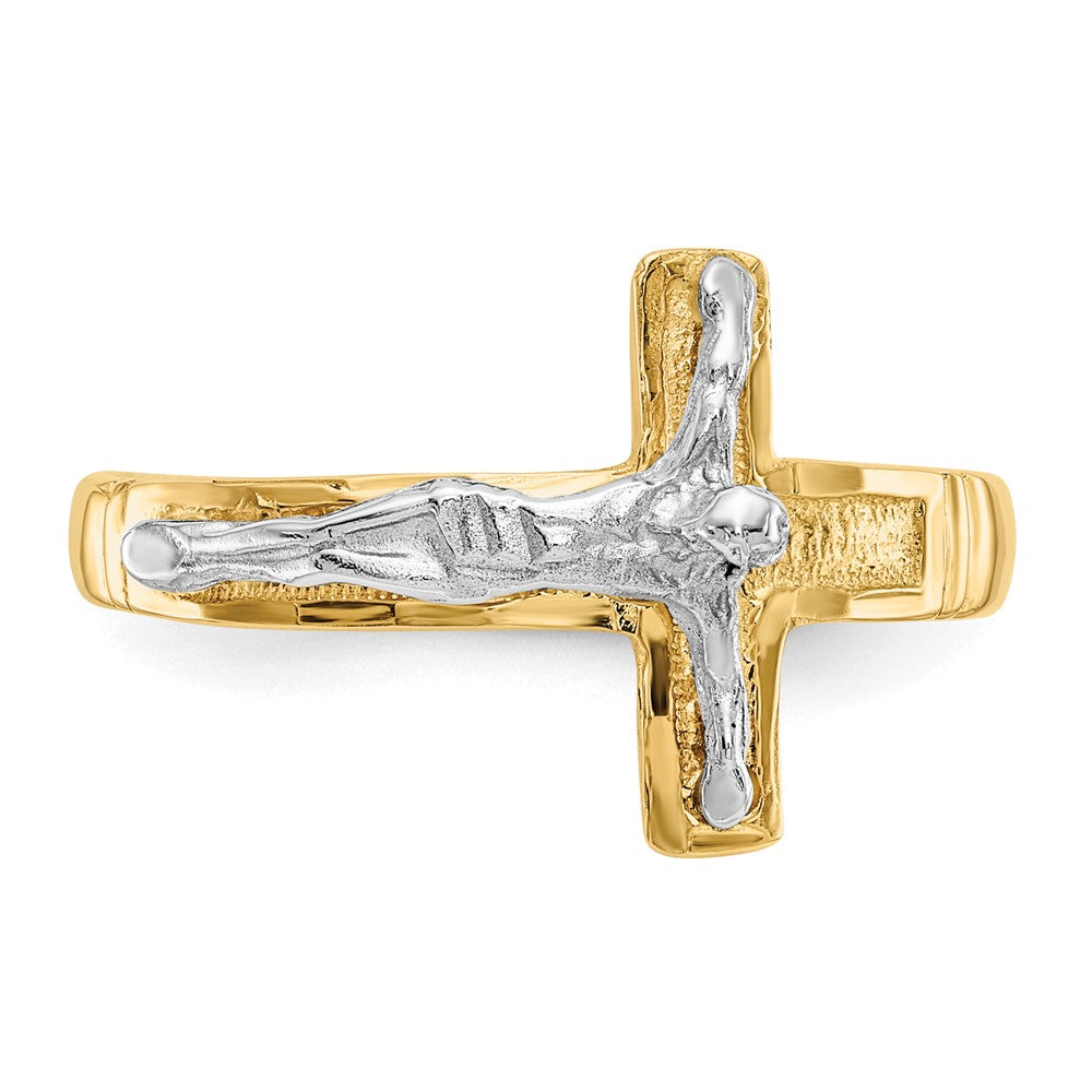 14K Two-Tone Polished Diamond-Cut Mens Crucifix Ring Size 9