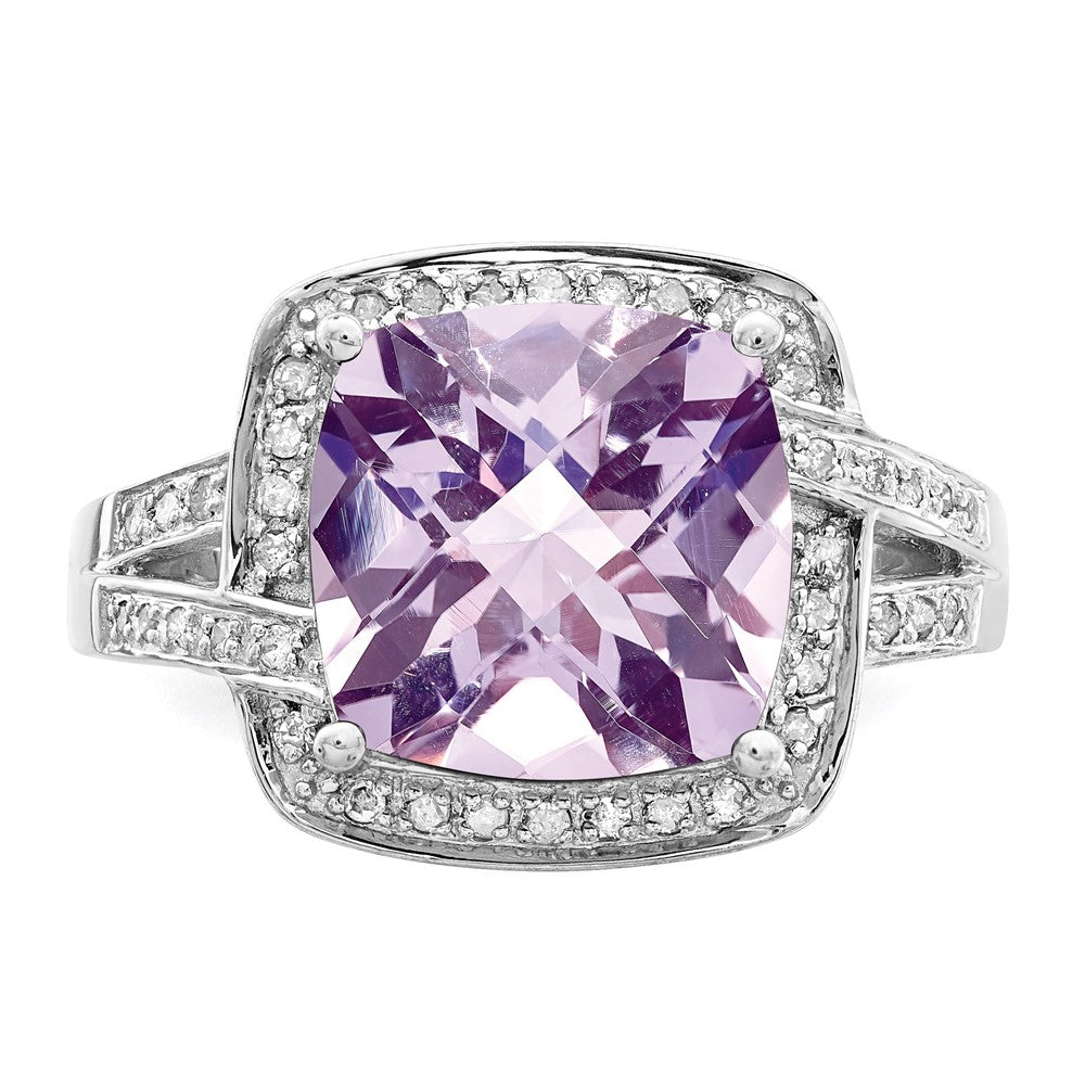 Sterling Silver Rhodium Checker-Cut Pink Quartz & Diam. Ring